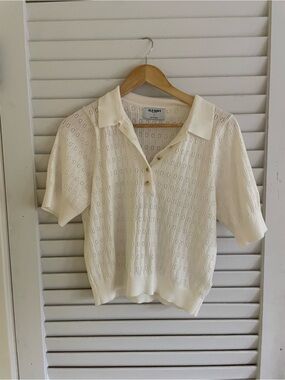 Old Navy Cream Open-Knit Button Front Polo Top